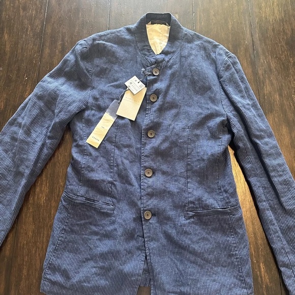 New With Tags, Zara Jacket Linen Blue Striped Mandarin Collar Blazer - Picture 2 of 10